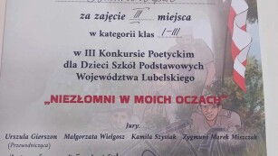 Sukces w Konkursie Poetyckim „Niezłomni w moich oczach” 1 – dyplom za zajęcie 3 miejsca dla Blanki Wąsek